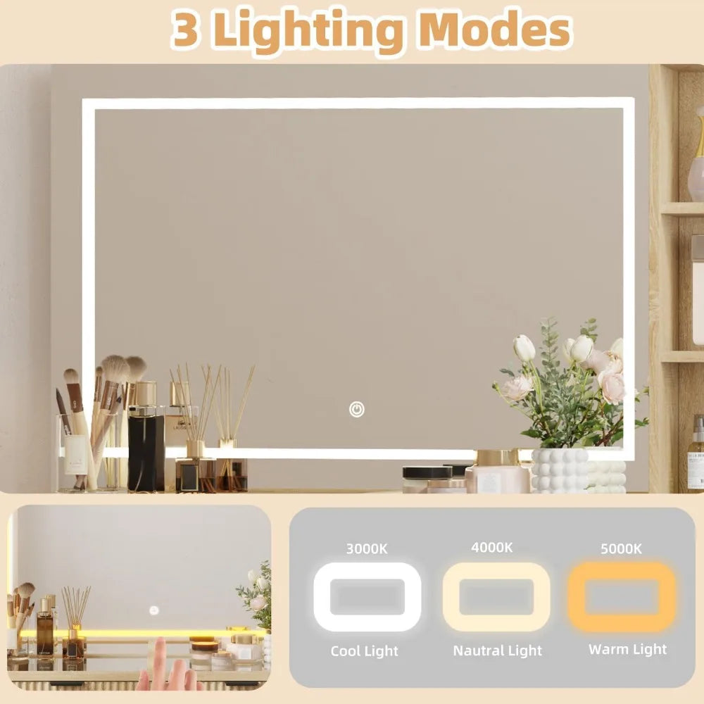 Fluted Makeup Vanity Desk, Large Mirror and Lights