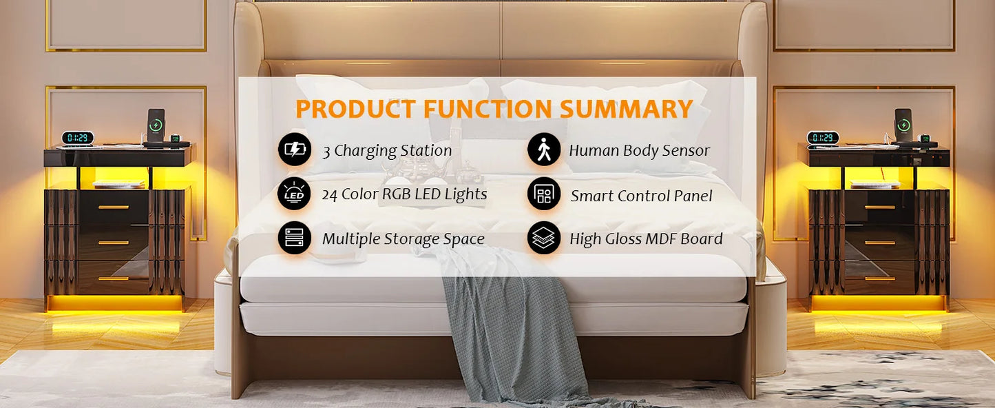 Nightstand with Charging Station, LED