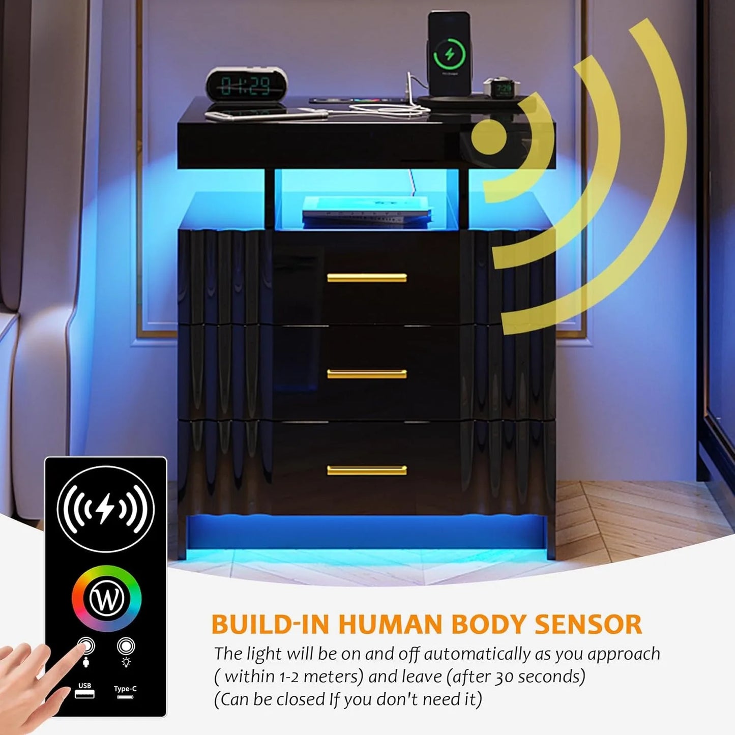 Nightstand with Charging Station, LED