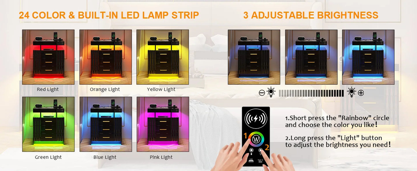 Nightstand with Charging Station, LED
