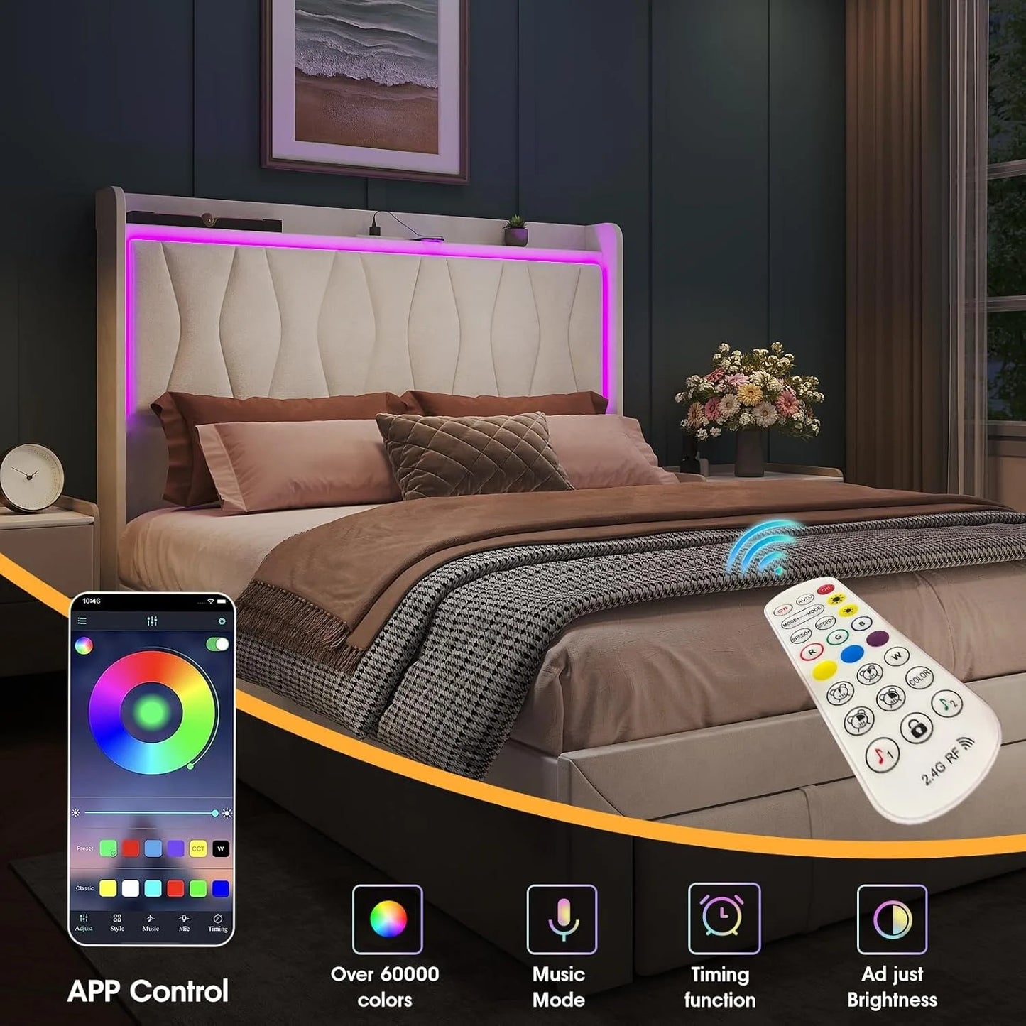 Queen Size Bed Frame with LED Lights