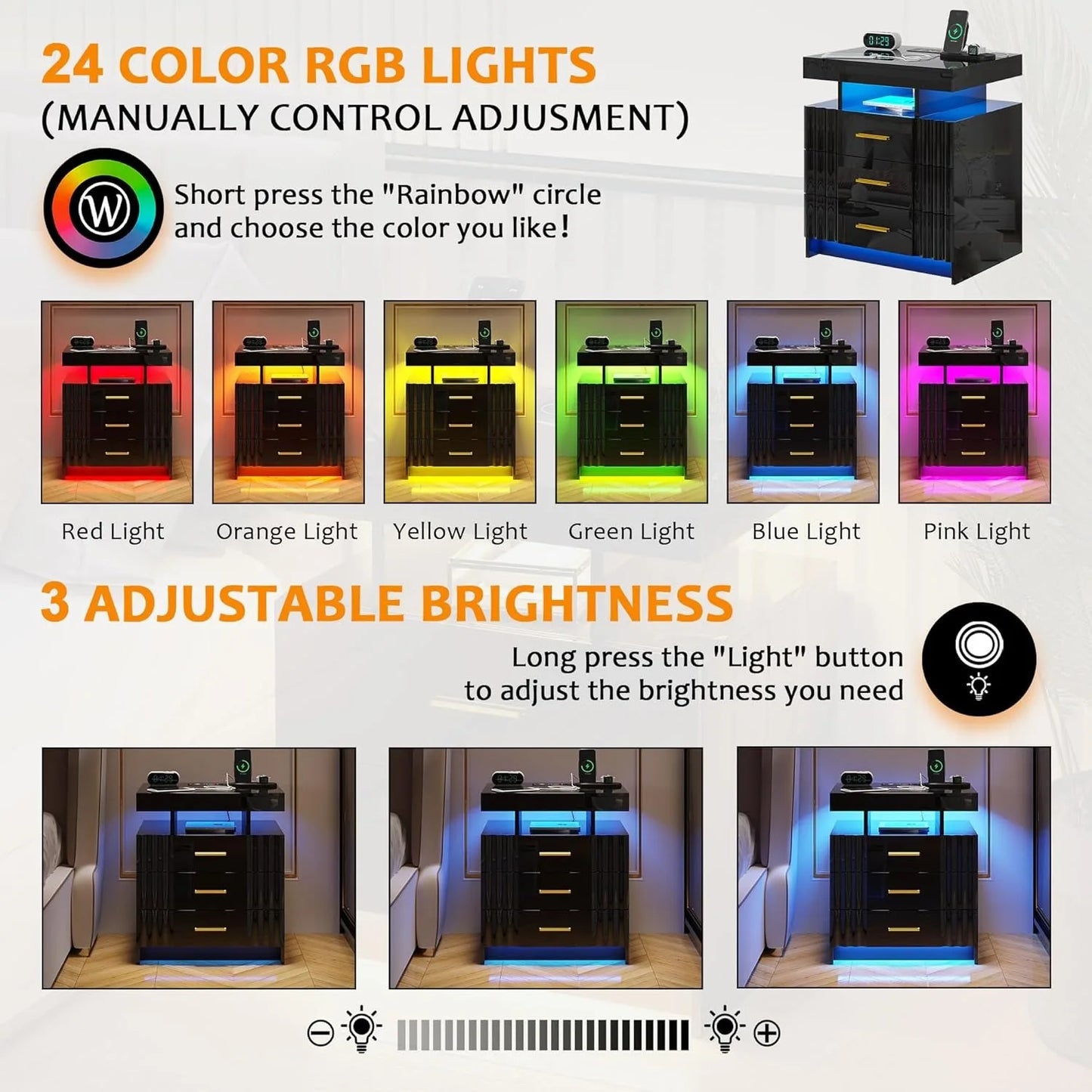 Nightstand with Charging Station, LED