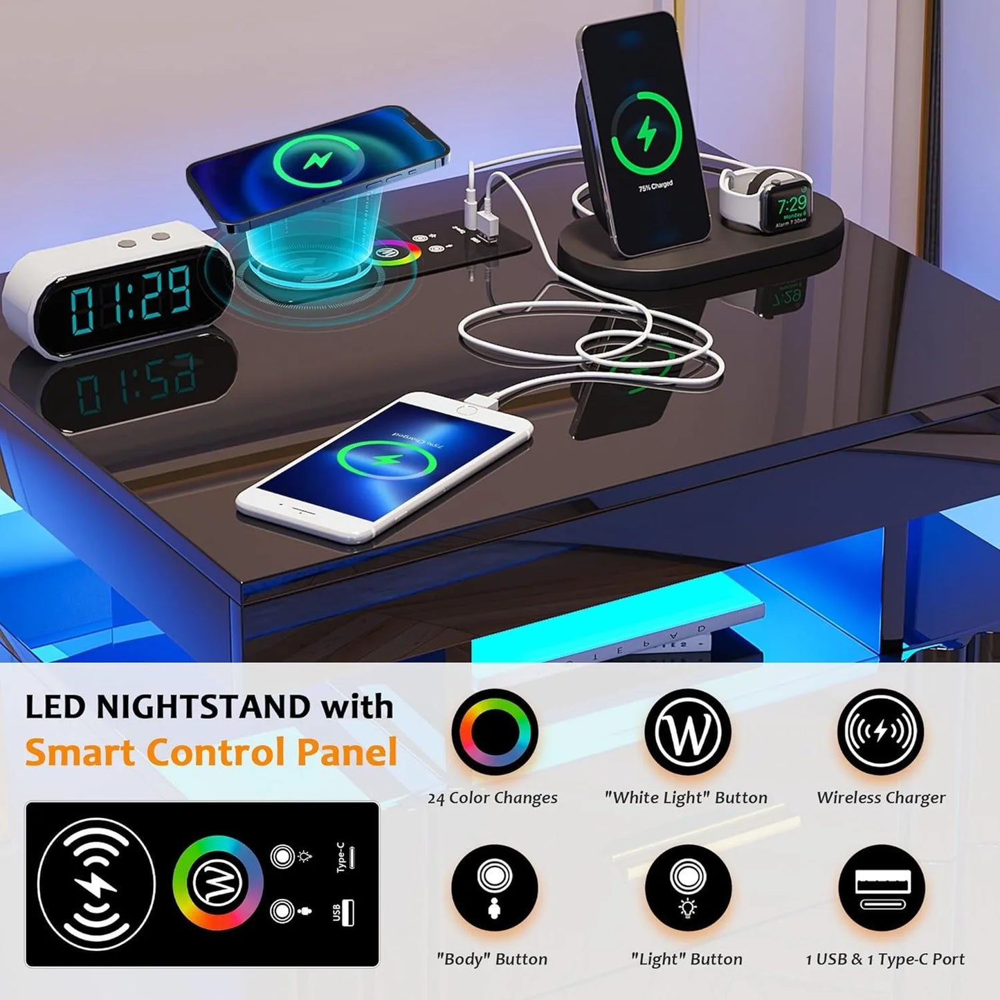 Nightstand with Charging Station, LED