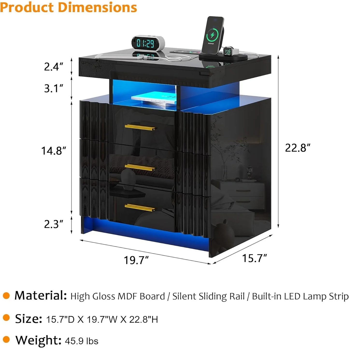 Nightstand with Charging Station, LED
