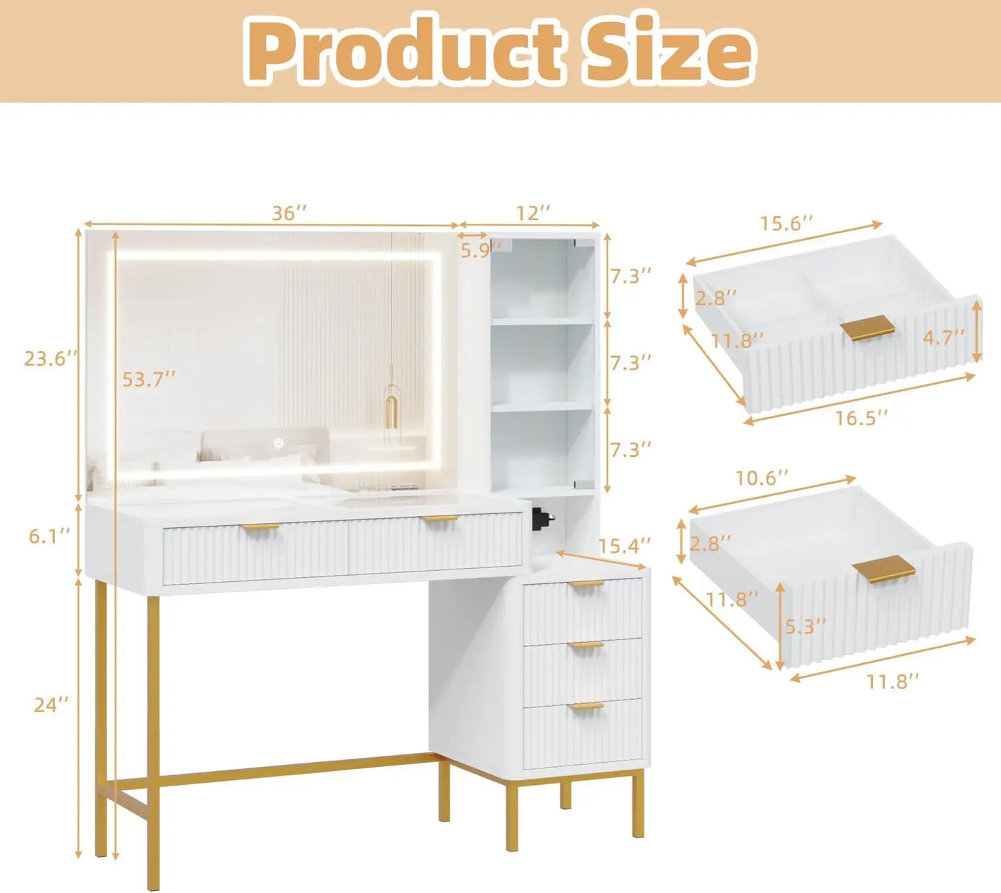 Fluted Makeup Vanity Desk, Large Mirror and Lights