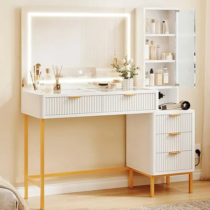 Fluted Makeup Vanity Desk, Large Mirror and Lights