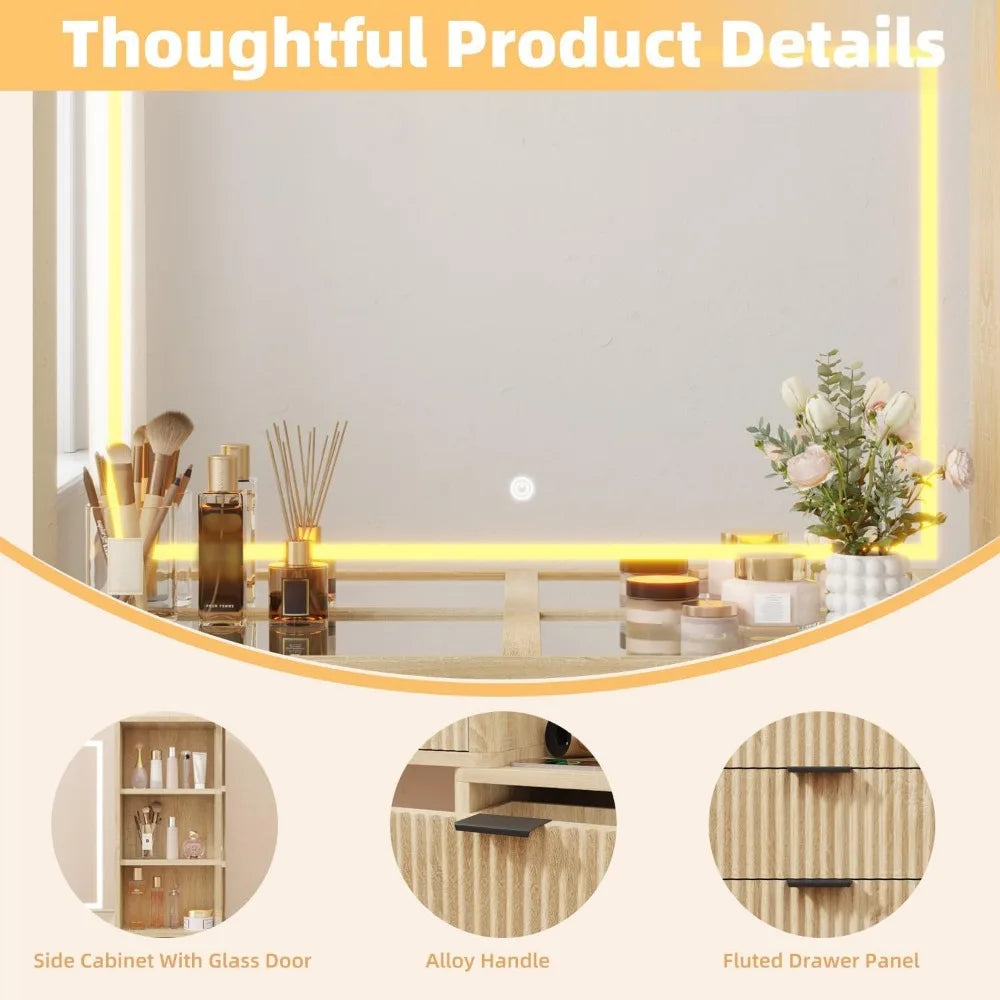 Fluted Makeup Vanity Desk, Large Mirror and Lights