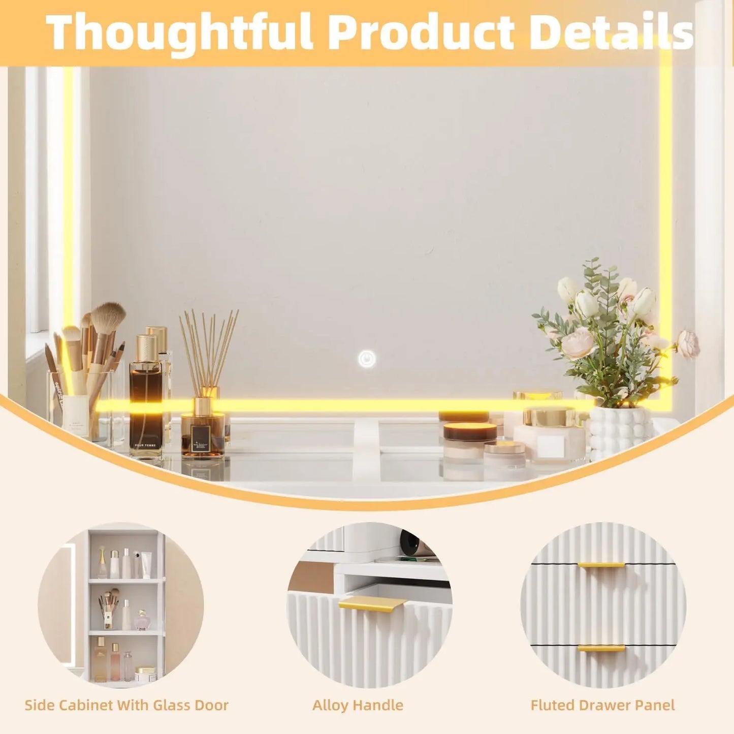 Fluted Makeup Vanity Desk, Large Mirror and Lights