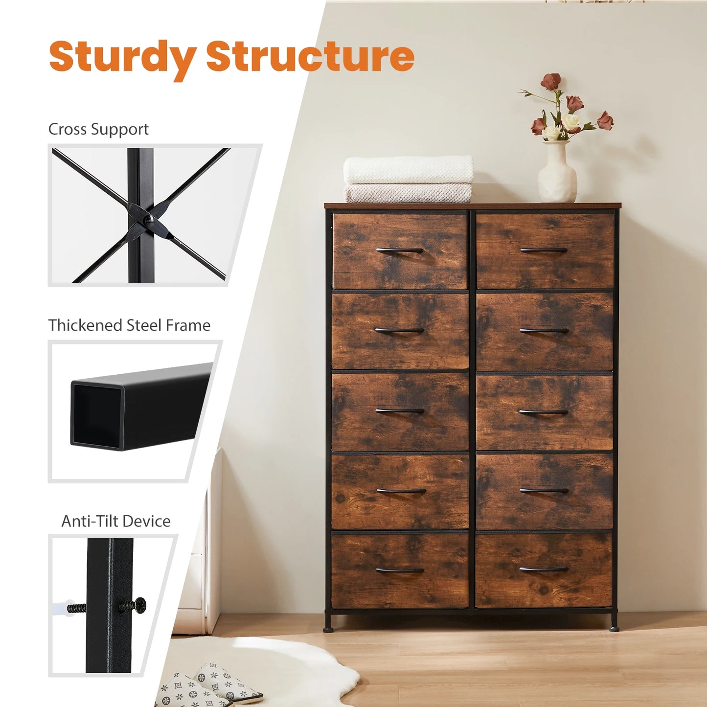 Bedside Table 10 Fabric Drawers Wardrobe