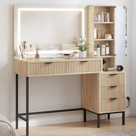 Fluted Makeup Vanity Desk, Large Mirror and Lights