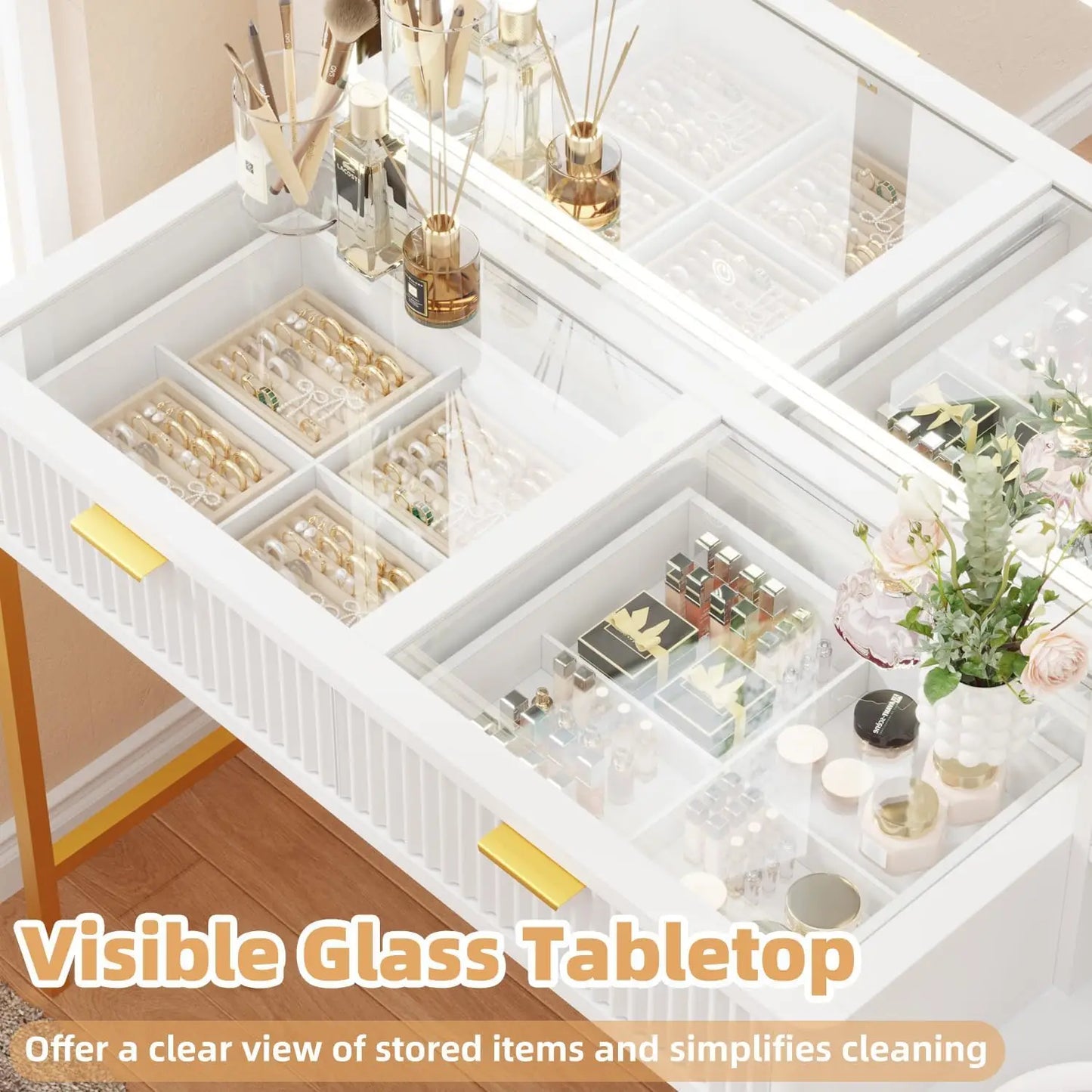 Fluted Makeup Vanity Desk, Large Mirror and Lights
