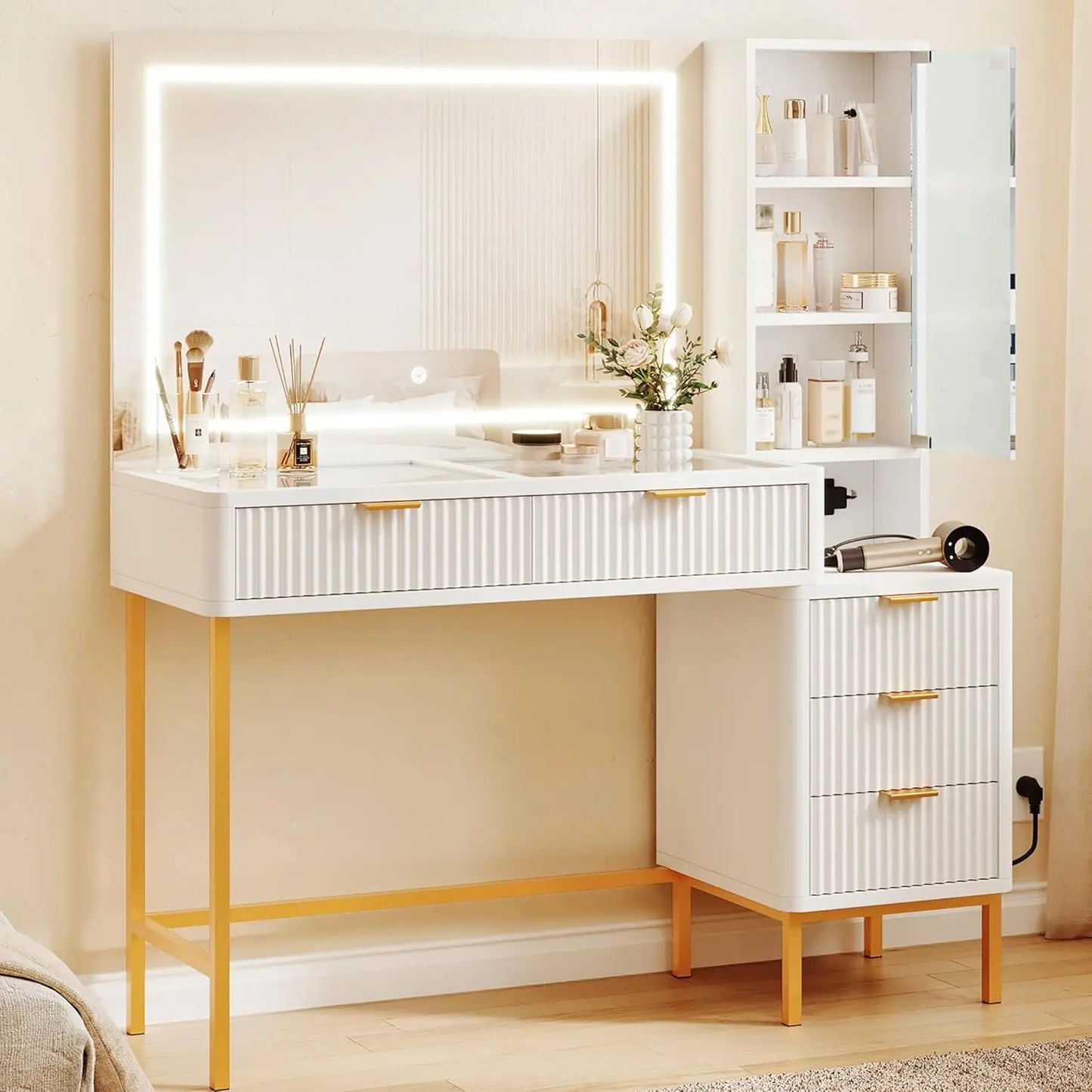 Fluted Makeup Vanity Desk, Large Mirror and Lights