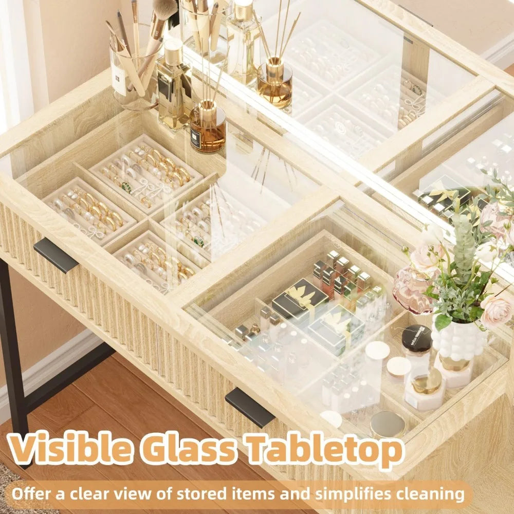 Fluted Makeup Vanity Desk, Large Mirror and Lights