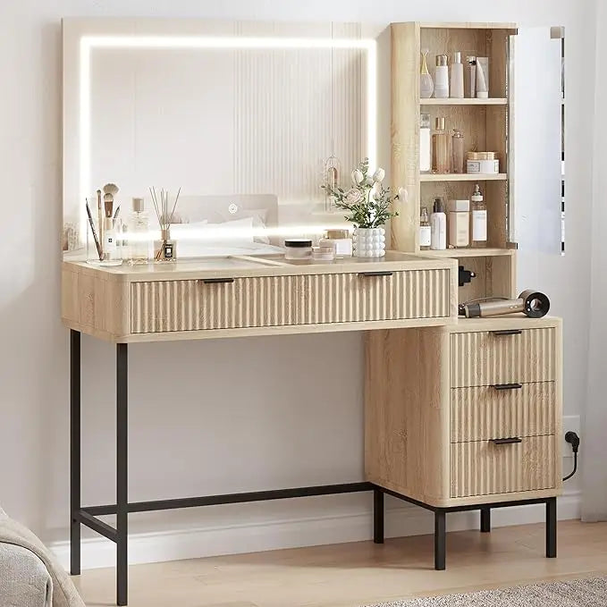 Fluted Makeup Vanity Desk, Large Mirror and Lights
