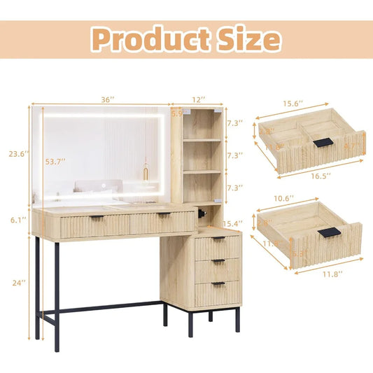 Fluted Makeup Vanity Desk, Large Mirror and Lights